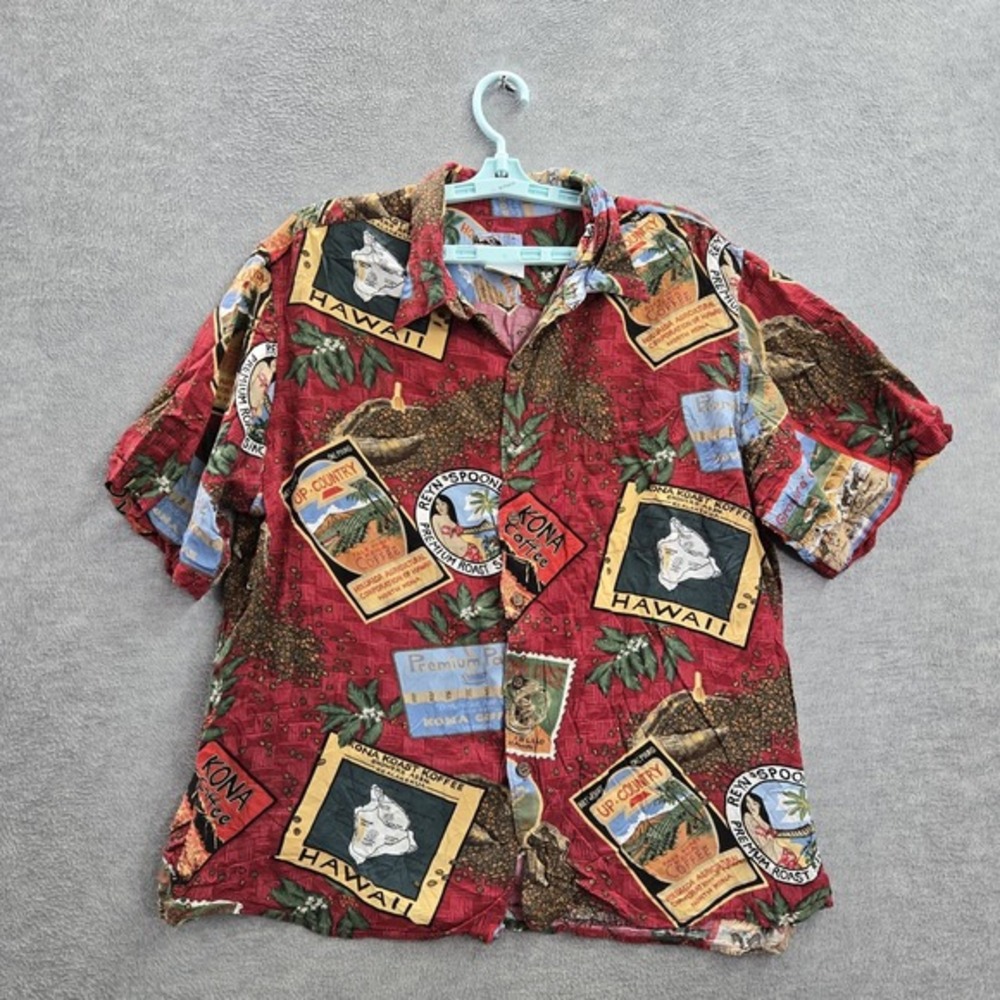 Reyn Spooner‎ Men Button Up Shirt XL Red Hawaiian Kona Coffee Graphic Print